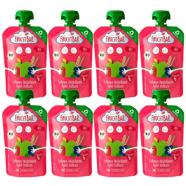 FRUCHTBAR® Bio-Püree Erdbeere-Heidelbeere-Apfel-Vollkorn 8 X 100g Ab Dem 6.Monat 1 FRUCHTBAR® Bio-Püree Erdbeere-Heidelbeere-Apfel-Vollkorn 8 X 100g Ab Dem 6.Monat