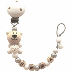 Schnullireich Schnullerkette Mit Namen Häkelbär Taufe (Holz) Weiß